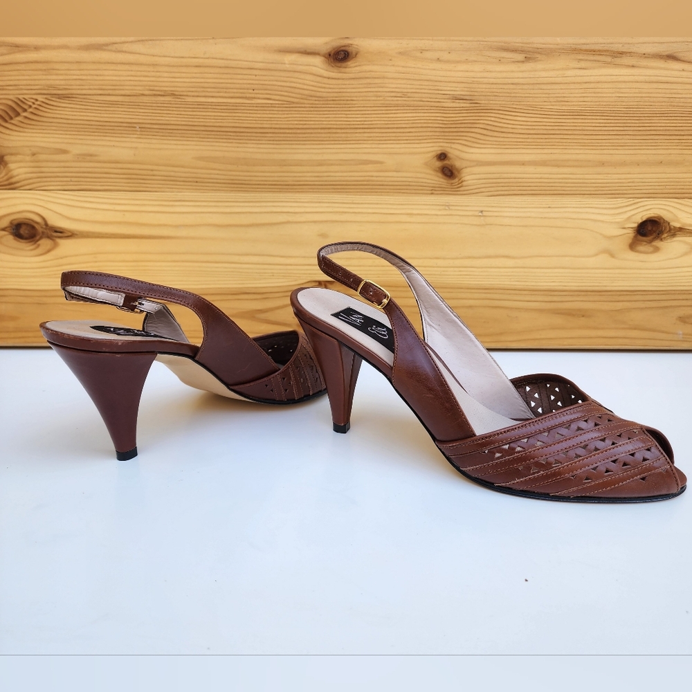Van Eli Brown Leather Slingback Peep-Toe Heels